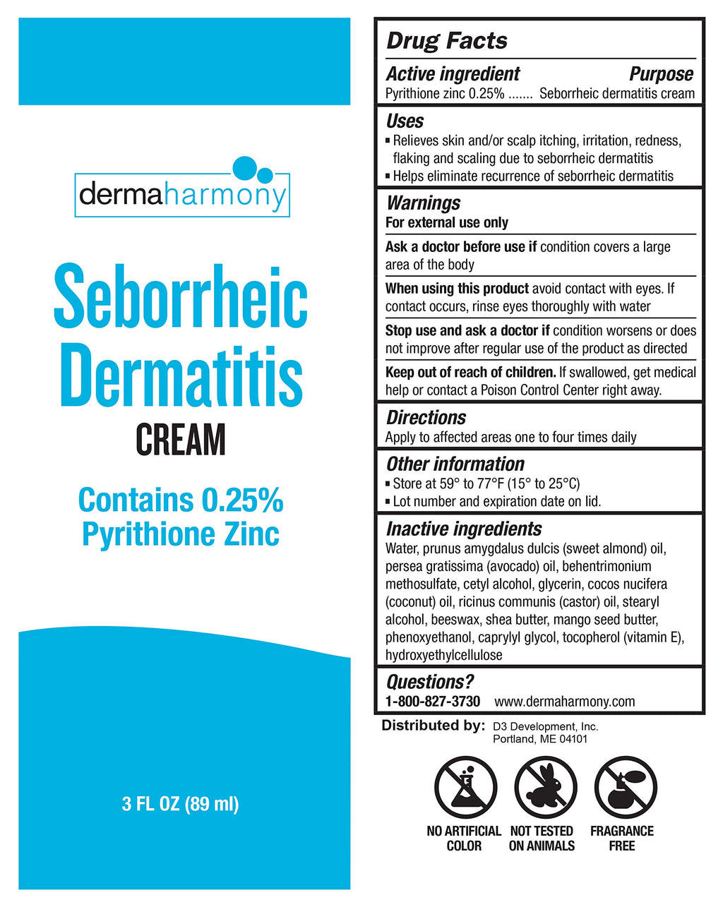 Dermaharmony Seborrheic Dermatitis Cream 3 fl oz (1 Tube) - Relieves Skin and Scalp Itching, Irritation, Redness, Flaking and Scaling - 0.25% Pyrithione Zinc