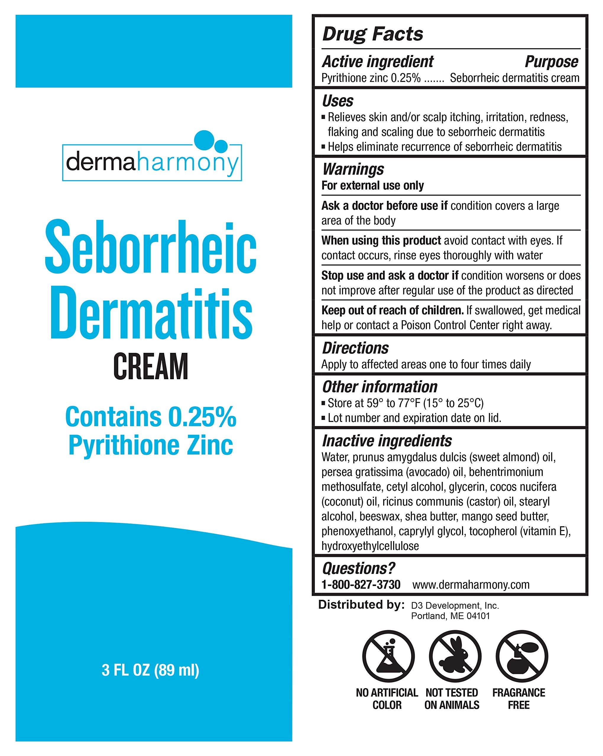 Dermaharmony Seborrheic Dermatitis Cream 3 fl oz (1 Tube) - Relieves Skin and Scalp Itching, Irritation, Redness, Flaking and Scaling - 0.25% Pyrithione Zinc