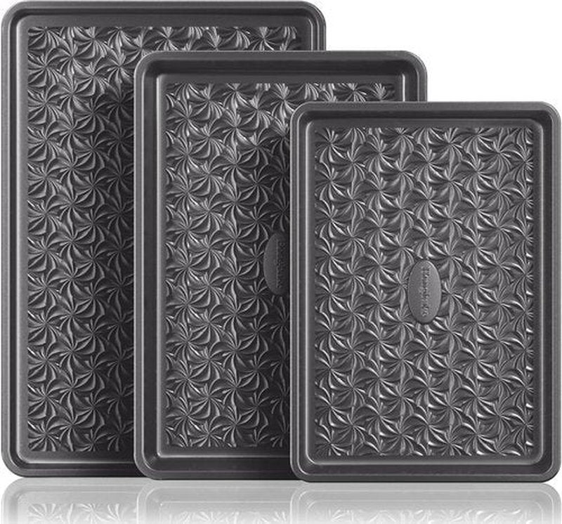 HONGBAKE Nonstick Baking Sheet Pan Set - Heavy Duty Cookie Sheets | 3-Piece Floral Swirl Design, Dark Gray