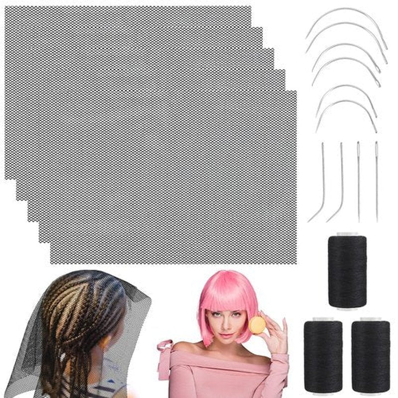 Luinabio 5 Pcs Hair Net Black Stretchy Weaving Net Accessories, Weaving Needle Combo Medium and Small C J I Shape Needle, 3 Thread Black for Making Wig Sewing Hair Weave Extension(26 x 18 in)