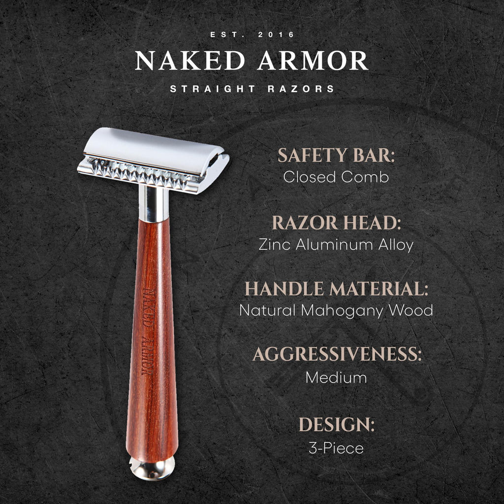 Naked Armor Safety Razor Set for Men – Mahogany Wood Double Edge Razor with Brush, Stand, Bowl, and Organic Soap, Complete Wet Shaving Gift Set