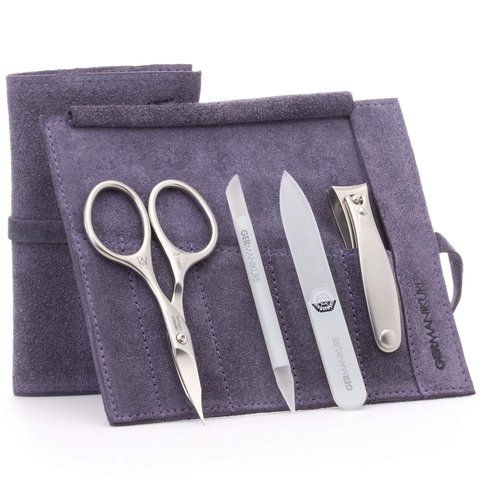 GERMANIKURE 4pc Mini Professional Manicure Set in Purple Suede Case - FINOX Stainless Steel Tools Made in Solingen Germany, Glass Nail Care Supplies Made in Czech Republic