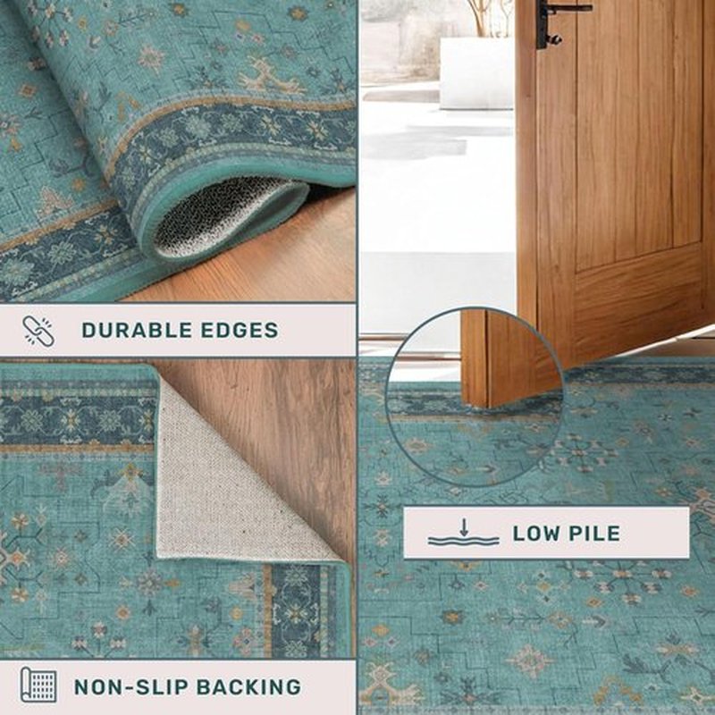 Regine Switzerland Washable Teal 5x8 Area Rug - Modern Floral Design, Non-Skid, Stain Resistant