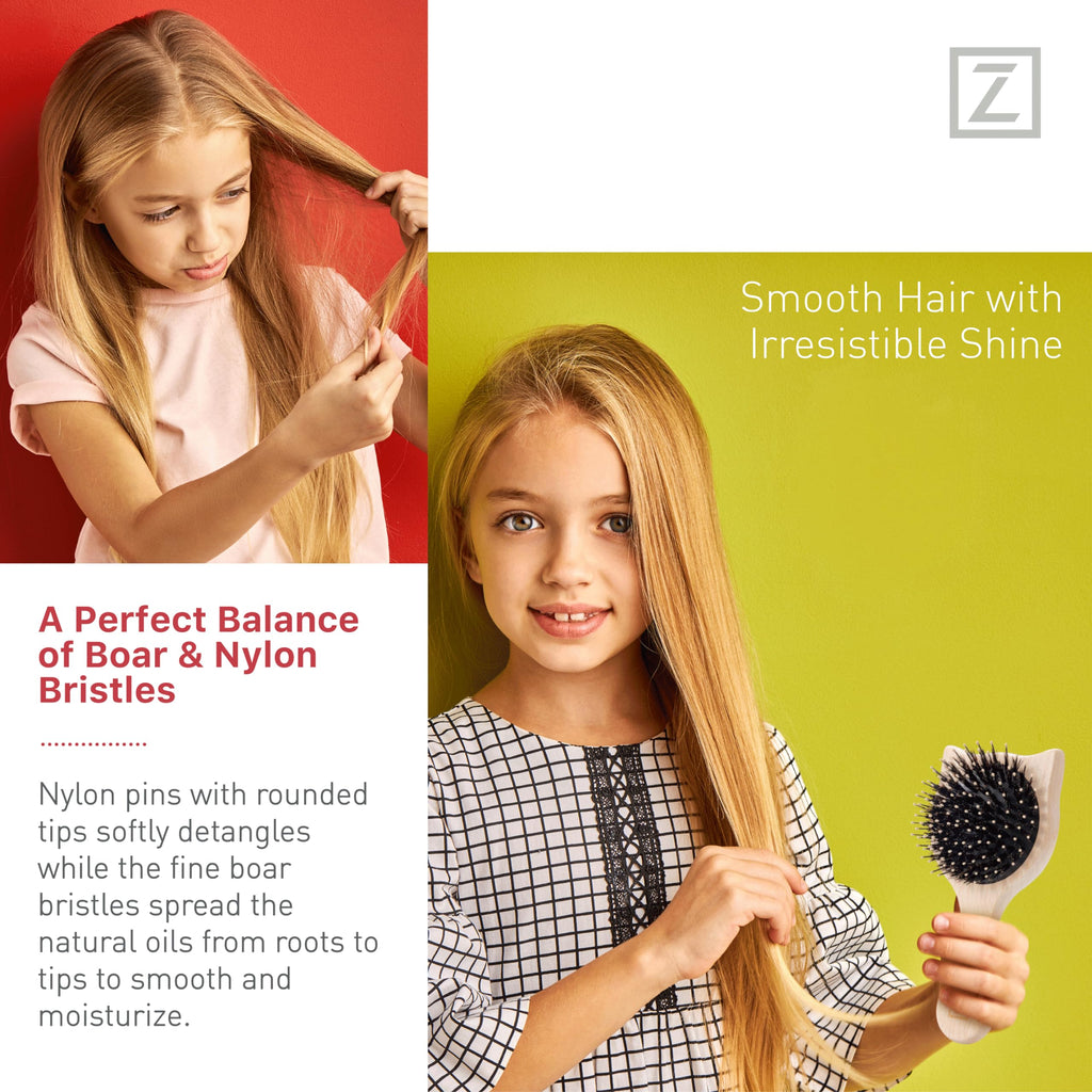 Natural Boar Bristle Hair Brush Cat shape, mini size, portable, easy carry for Women, Men, Kids; Dry and Wet Detangling Hair Brush Gently Enhances Shine, for Fine and Straight, Thick and Curly Hair