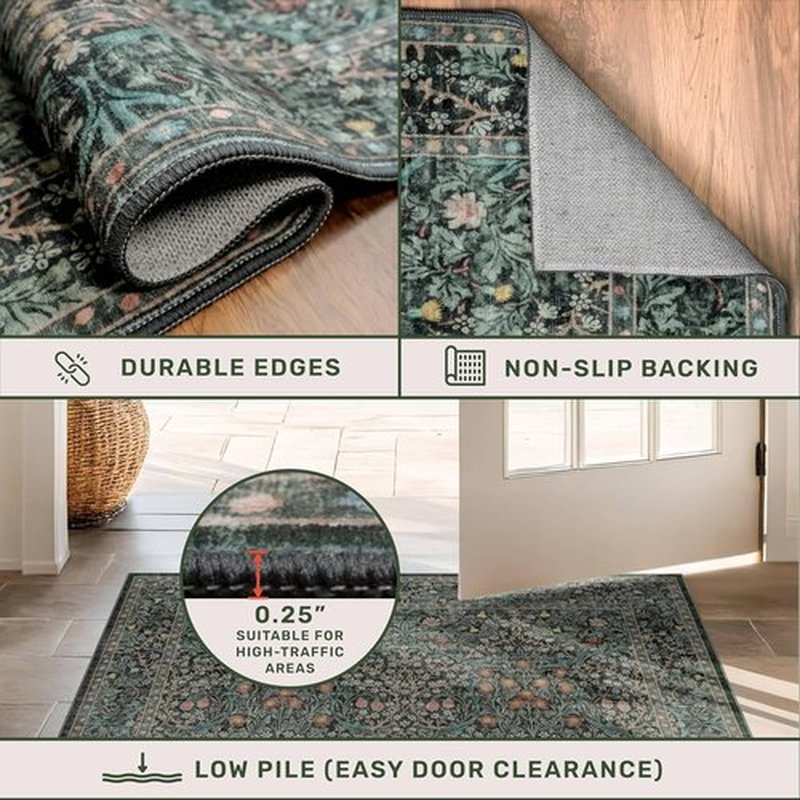 Skiennix Non-Slip Kitchen Runner Rug - Washable Dark Green Boho Floral Design | 2x6 Feet Soft Carpet
