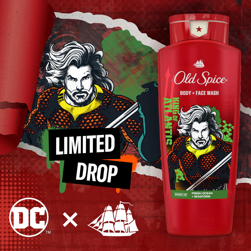 Old Spice Body Wash for Men, Aquaman: King of Atlantis, 3X Defense, 24/7 Shower Fresh with Lasting Scent, Cleansing 2-in-1 Body & Face Wash, Smell Like a Hero, Fresh Ocean and Seastorm Scent, 24 oz