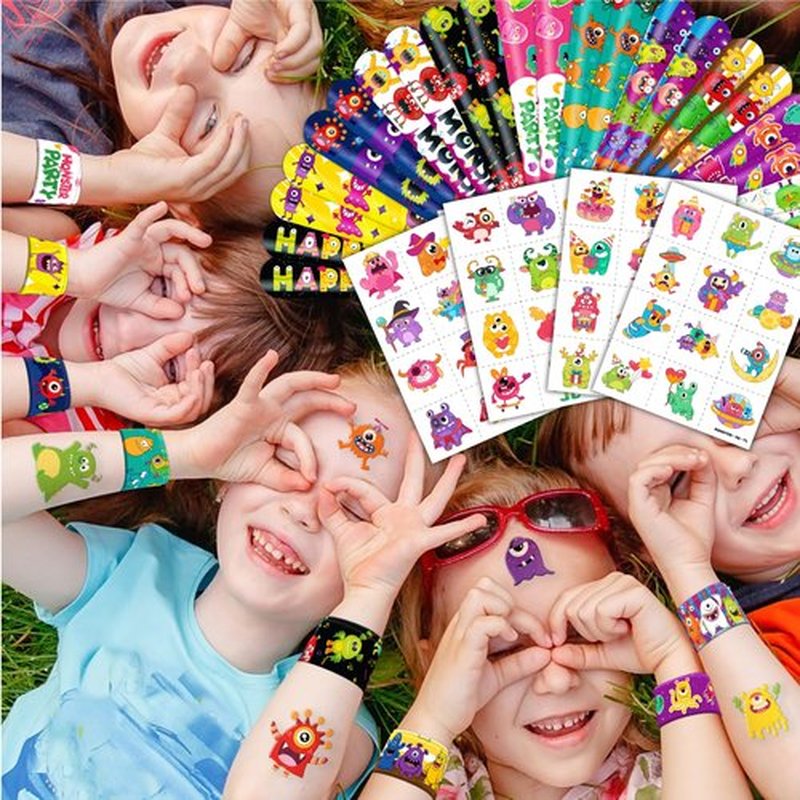 72PCS Monster Party Set - 48PCS Temporary Tattoos & 24PCS Slap Bracelets - Fun Monster-Themed Birthday Supplies, Baby Shower Gifts, Classroom Rewards & Party Decorations for Kids (Boys & Girls)