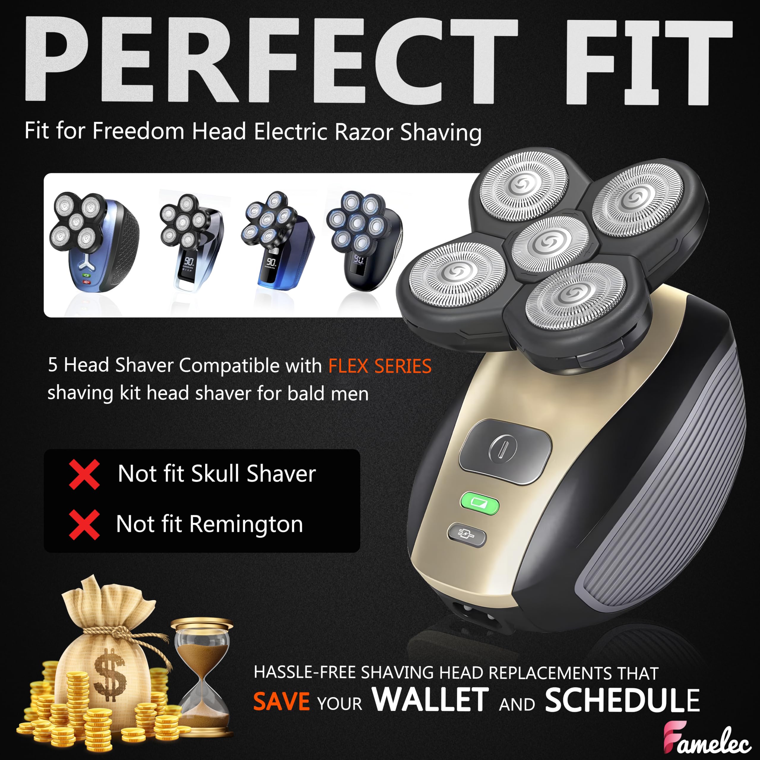 FAMELEC Upgraded Shaver Replacement Blades for Fre* Bi*d Replacement Blades, 5-Blade Rotary Electric Razor Head Shavers for Bald Men, Head Shaver Kit for Freedom, 2 Pack