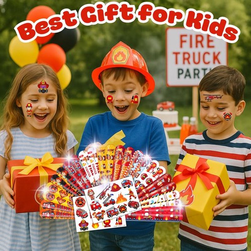 48PCS Fire Truck Party Set - 24PCS Temporary Tattoos & 24PCS Slap Bracelets - Firefighter-Themed Birthday Supplies, Baby Shower Gifts, Classroom Rewards & Party Decor for Kids (Boys & Girls)