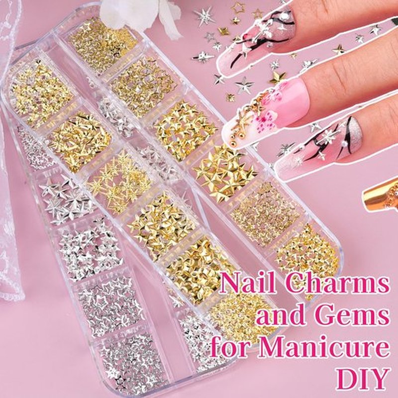6 Boxes 3D Metal Nail Art Charms, Gold Silver Black Star Cross Nail Studs Metallic Caviar Beads for Nails Design Y2K Charms Punk Nail Chains Nail Decorations with Tweezers for DIY Manicure Supplies