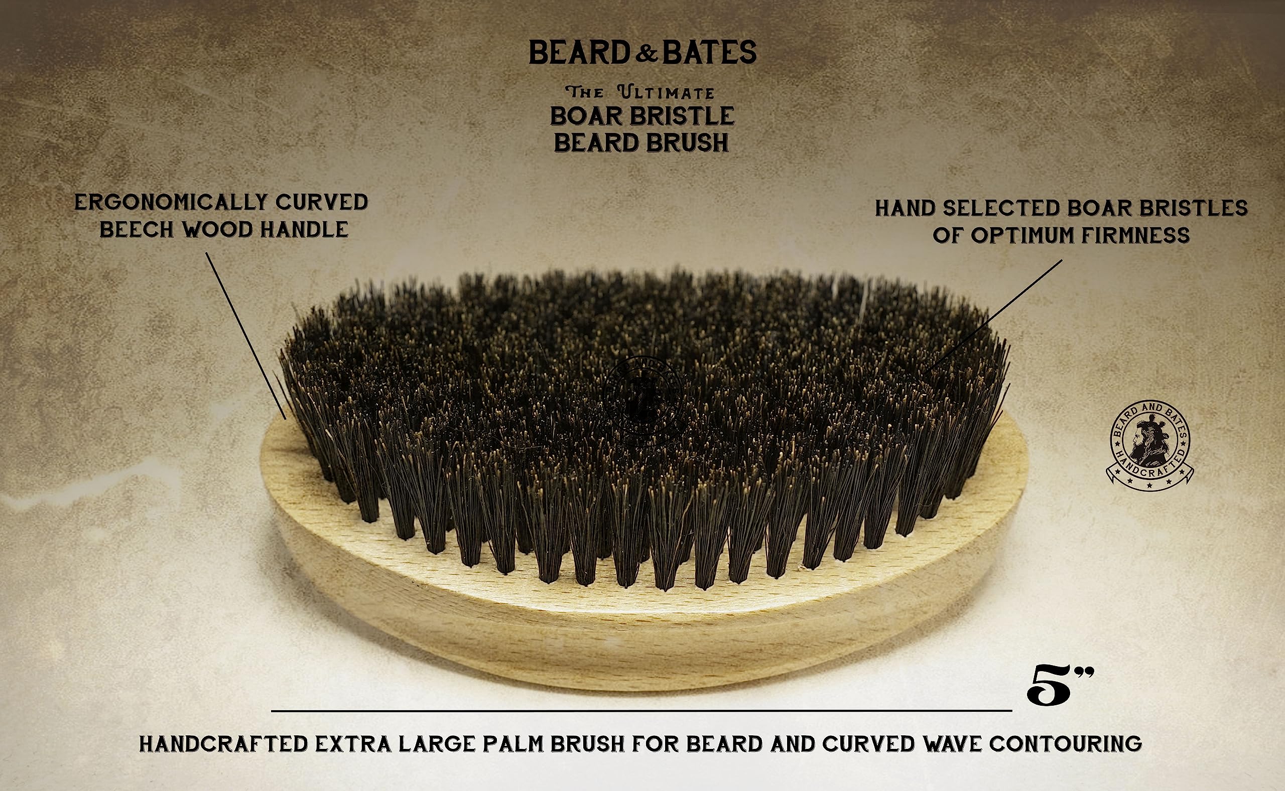 The Ultimate Boar Bristle Beard Brush | Handcrafted, Barber Grade, X-Large Full Size, Firm Bristles, Contoured Beech Wood Handle, Curved Wave Brush