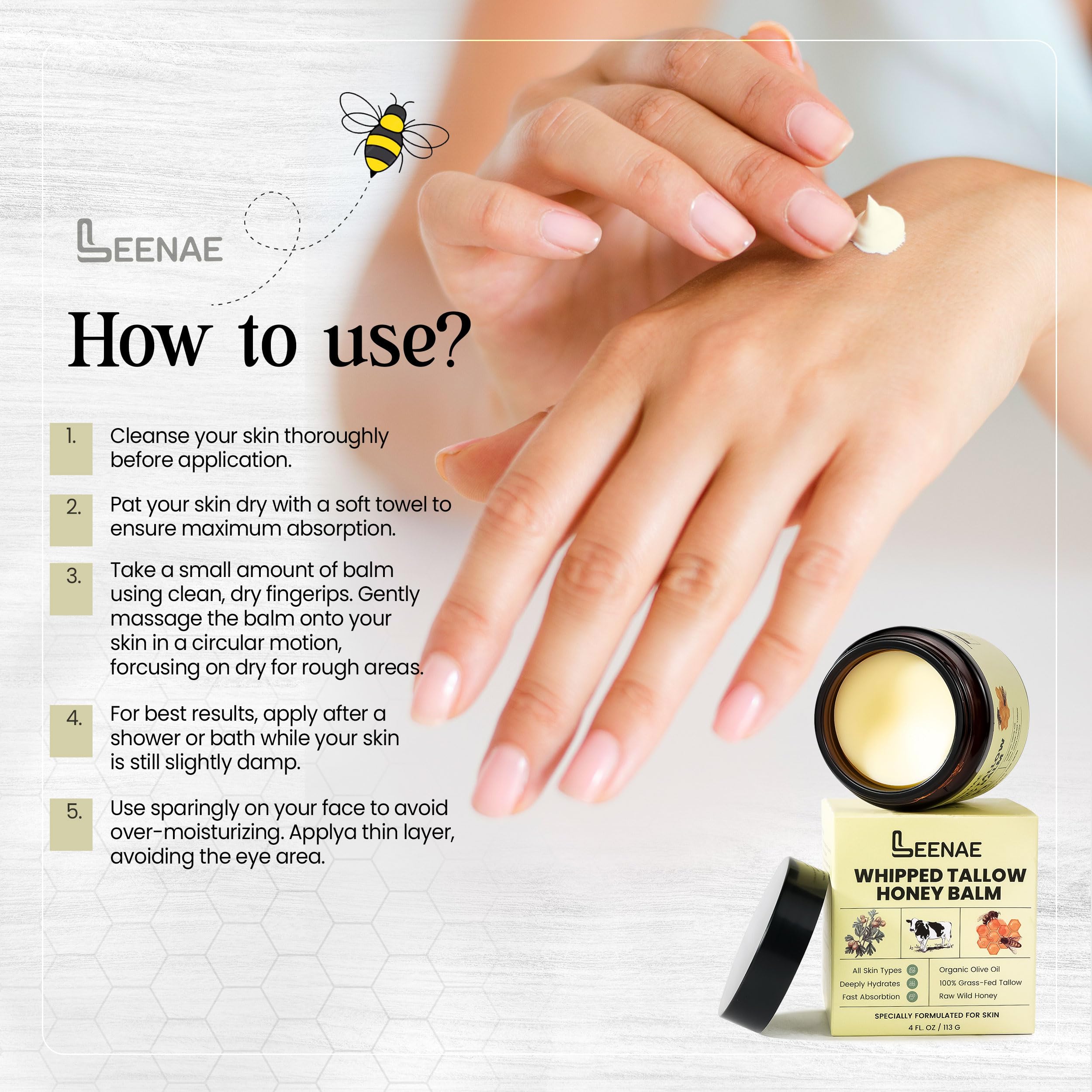 LEENAE Whipped Beef Tallow Moisturizer with Honey – Grass Fed Tallow Face & Body Balm, Unscented Natural Skin Cream with Olive Oil, 4 oz