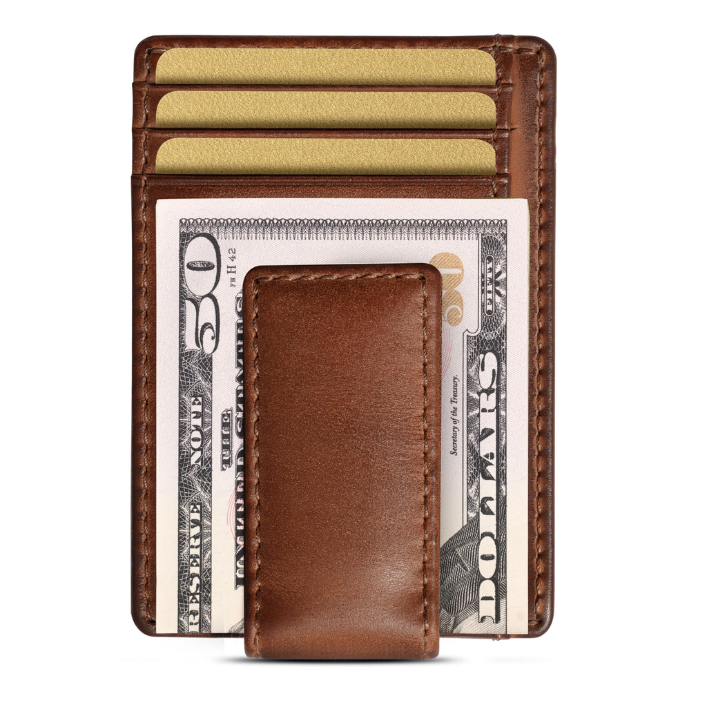 House of Jack Co. Carryall Men's Slim Money Clip Wallet, Super Strong Magnetic Clip Holds 15+ Bills, Full Grain Leather Slim Front Pocket Wallet, 9 Card Holder, Gift for Men, Tan