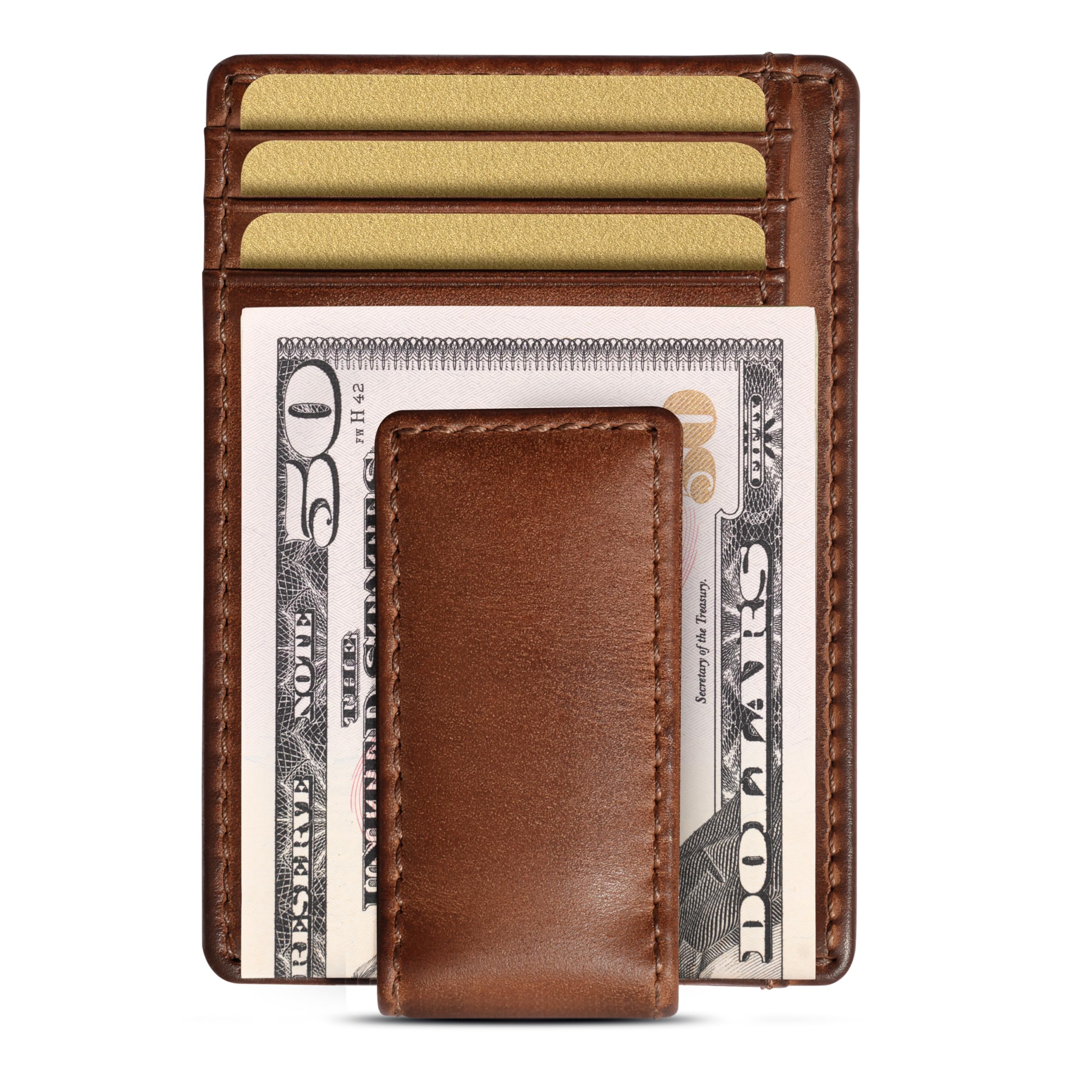 House of Jack Co. Carryall Men's Slim Money Clip Wallet, Super Strong Magnetic Clip Holds 15+ Bills, Full Grain Leather Slim Front Pocket Wallet, 9 Card Holder, Gift for Men, Tan