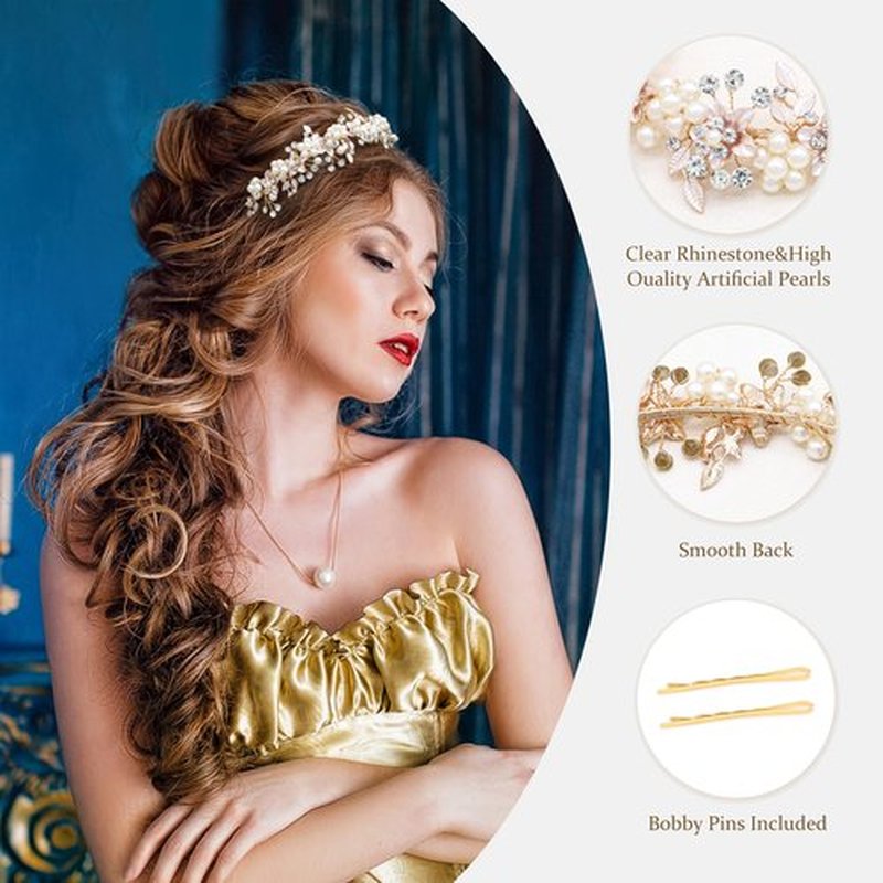 Oriamour Bridal Headbands Wedding Headpieces For Women Flower Leaves Design Hair Accessories For Bride Rhinestone Crystal Hair Tiara (Gold, 14'')
