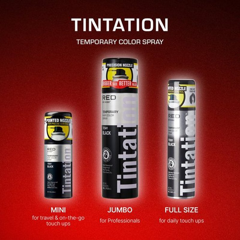 RED by Kiss Tintation Temporary Hair Color Spray, Extra Large Size, Instant Gray Root Cover Up, Water-Resistant, Smudge-Proof, Hairline & Barber Touch-Up, Quick Dry (Black, 11.5 OZ)