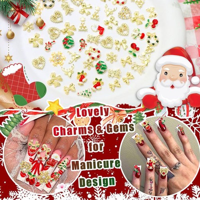 RODAKY 62PCS Christmas Nail Charms 3D Snowflake Santa Claus Charm and Gems Rhinestone Jingle Bell Elk Gold Nails Art Jewelry for Manicure Design Decoration Accessories