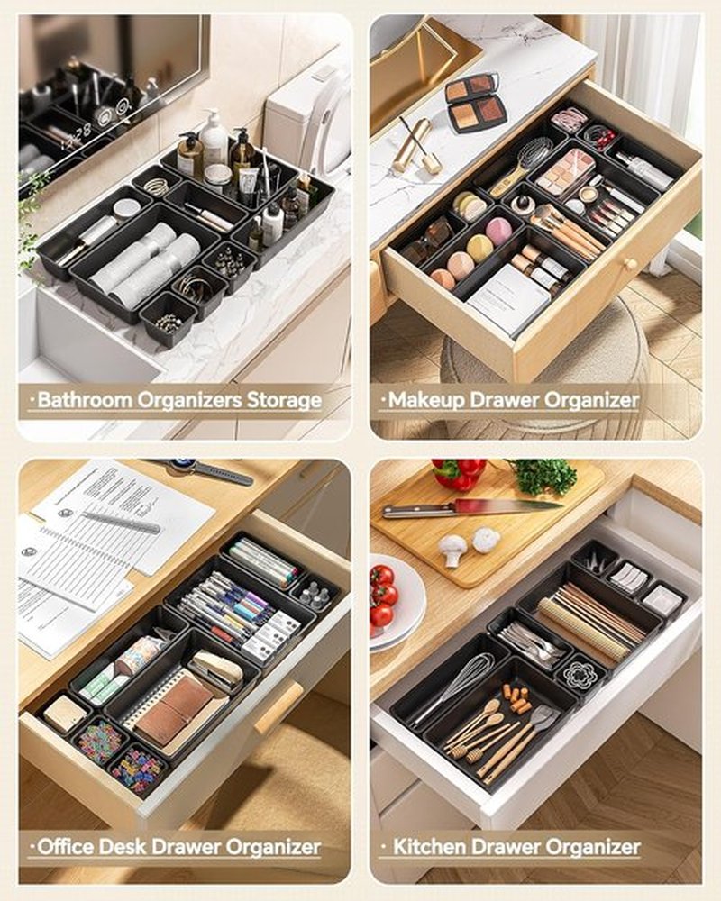 KEMETHY 25 PCS Plastic Drawer Organizers - Versatile Makeup & Desk Storage Trays | Black, 4 Sizes