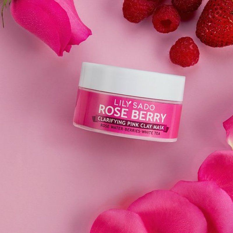 LILY SADO Rose Berry Pink Clay Mask w Rose Water & Fresh Berries - White Tea & Jojoba Beads Gently Exfoliate, Balance & Purify to Prevent Acne & Blackheads - 4 oz