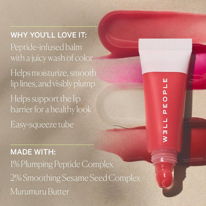 Well People Poutlove Peptide Lip Balm - Hydrating Tinted Treatment with Peptide Complex & Murumuru Butter | Pink Grapefruit