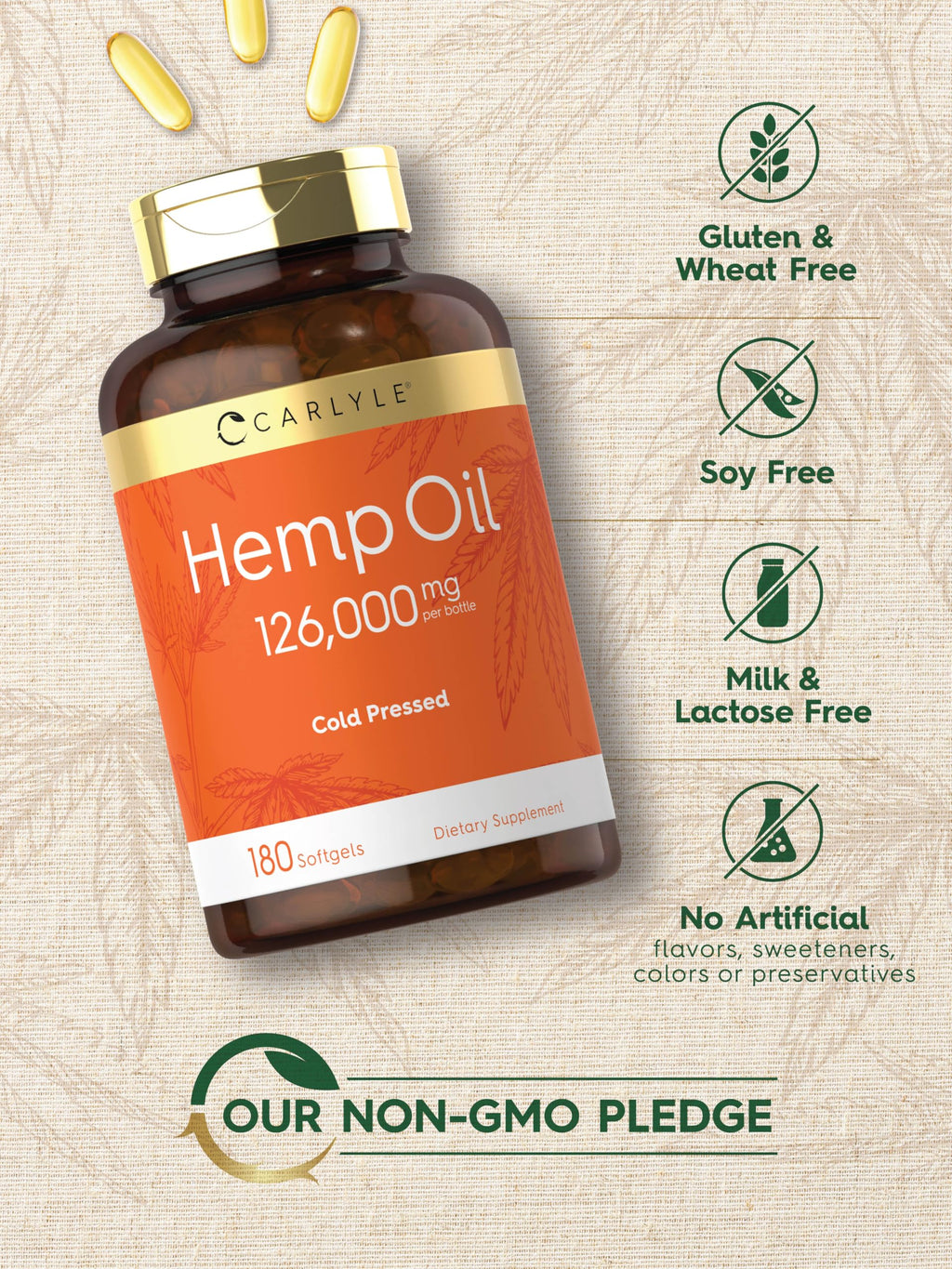 Carlyle Hemp Oil Softgel Capsules | 126,000 mg | 180 Count | Cold Pressed Supplement | Non-GMO and Gluten Free Formula