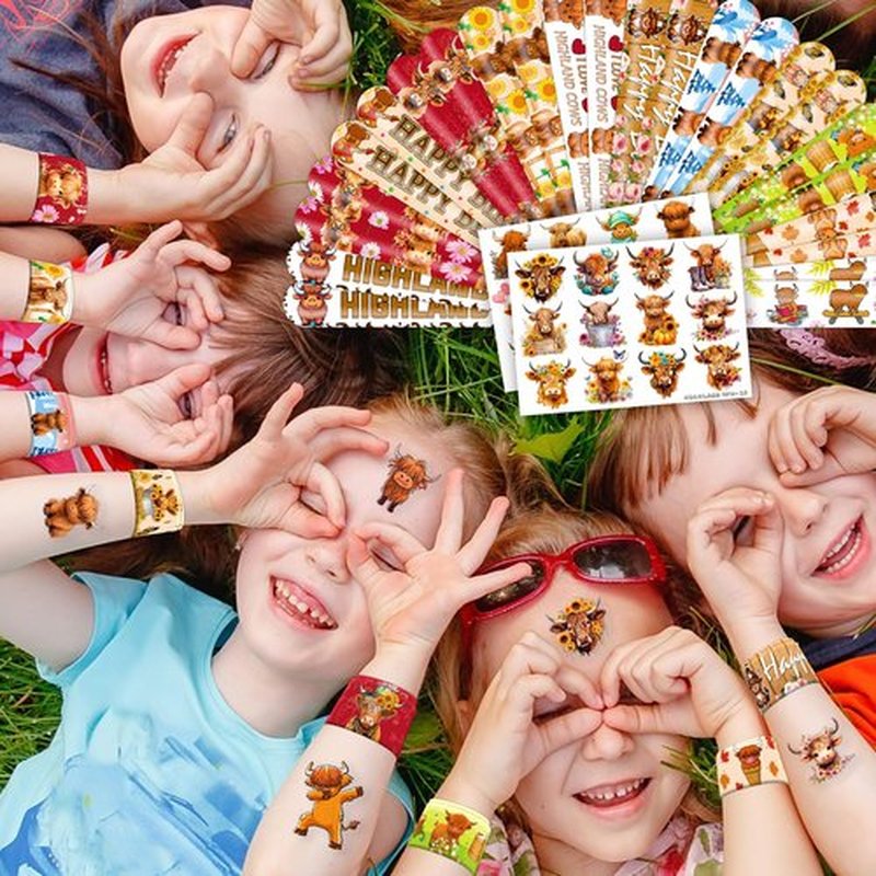 Cherisnowy 48PCS Highland Cow Party Set - 24PCS Temporary Tattoos & 24PCS Slap Bracelets - Farm-Themed Birthday Supplies, Baby Shower Gifts, Classroom Rewards & Party Decor for Kids (Boys & Girls)