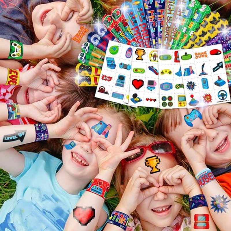 Cherisnowy 72PCS Video Game Party Set | 48PCS Temporary Tattoos & 24PCS Slap Bracelets - Gamer-Themed Birthday Supplies, Baby Shower Gifts, Classroom Rewards & Party Decor for Kids (Boys & Girls)
