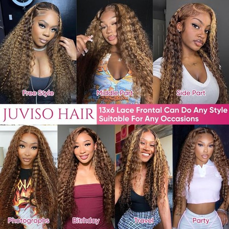 Juviso 26 Inch Honey Blonde Wig Human Hair Deep Wave 13x6 HD Ombre Lace Front Wigs P4/27 Highlight Curly Human Hair Wig 200 Density Pre Plucked Human Hair Frontal Wigs for Women