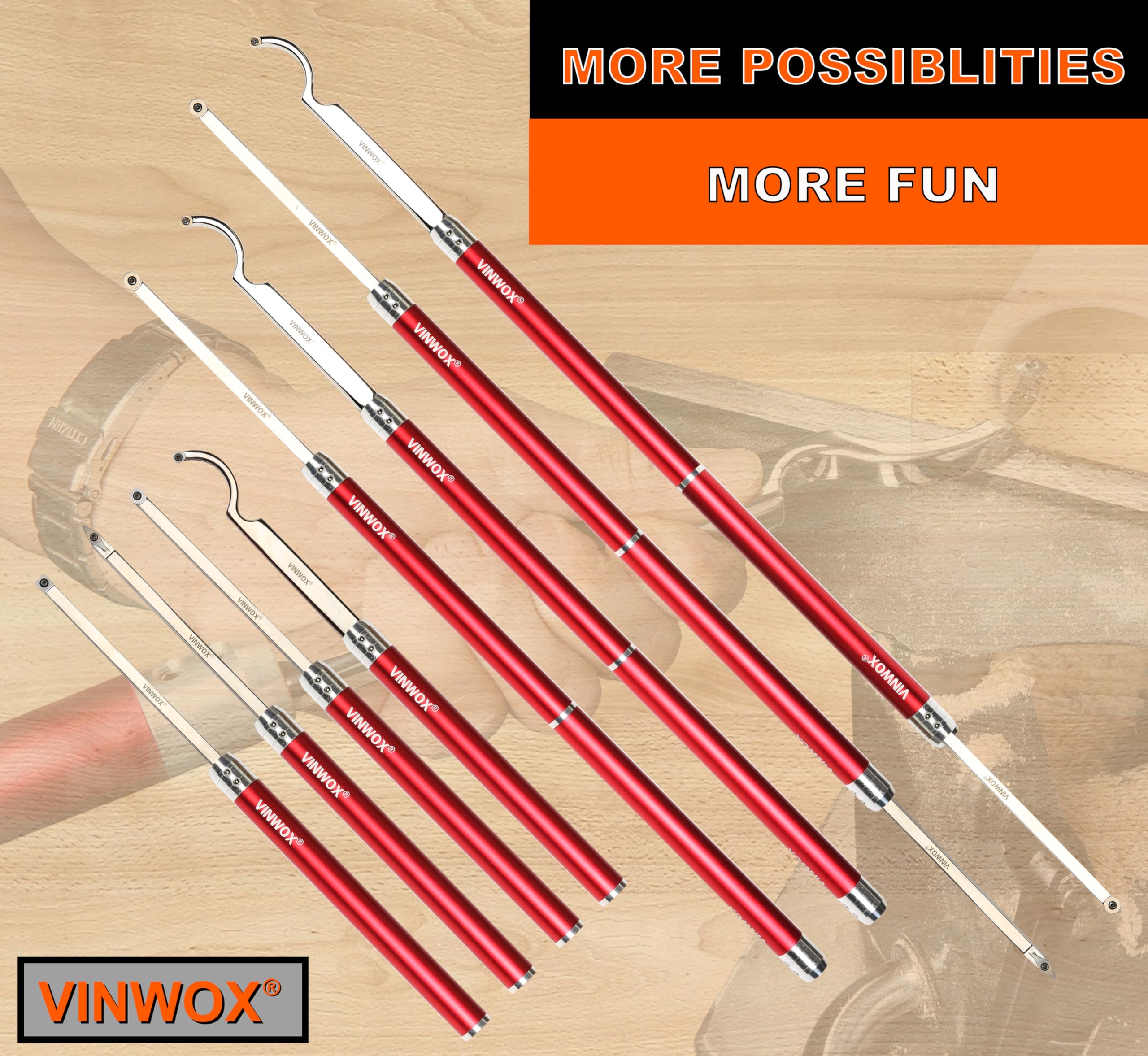VINWOX 9 PCS Carbide Wood Lathe Turning Tool Set, Pen Turning tools, Including Swan Neck Hollower, Rougher, Finisher, Detailer, Aluminum Handles from 14" to 29", Fine Polished Stainless Steel Shank