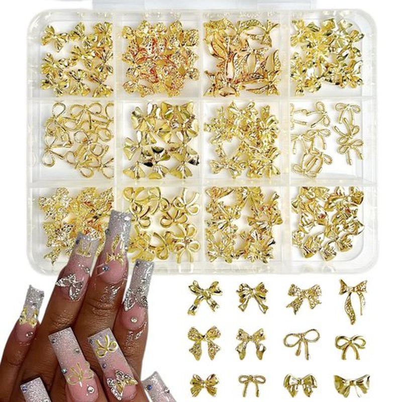LERBOU 120Pcs Gold Bow Nail Charms, 3D Metal Alloy Bowknot Nail Art Golden Bows Charms for Nails Decor Accessories DIY Craft