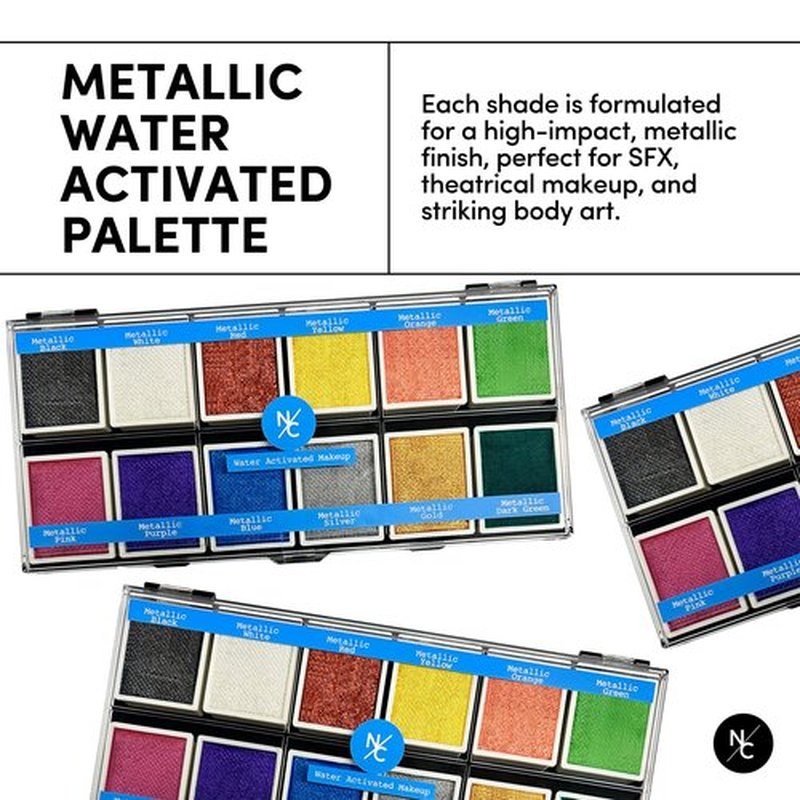 Narrative Cosmetics Metallic 12-Color Palette - Luxurious Water-Activated Makeup for Face & Body - Shimmering Shades for SFX, Cosplay, Theater, Film & TV Makeup Artists