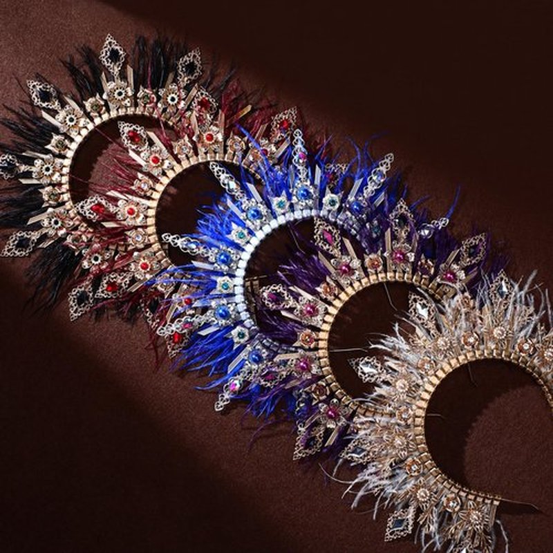 COSUCOS Feather Halo Crown Headpiece - Zip Tie Fantasy Queen Greek Goddess Headpiece Handmade Angle Wedding Headband for Halloween Cosplay Party White Feather Cube Glass Drill Renaissance