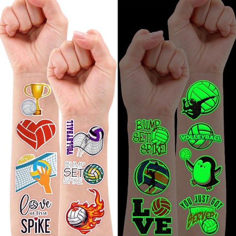96PCS Cute Glow in the Dark Volleyball Temporary Tattoos Themed Birthday Party Decorations Supplies Favors Cool Funny Summer Beach Games Glow in The Dark Tattoo Stickers Gifts For Kids (Luminous)
