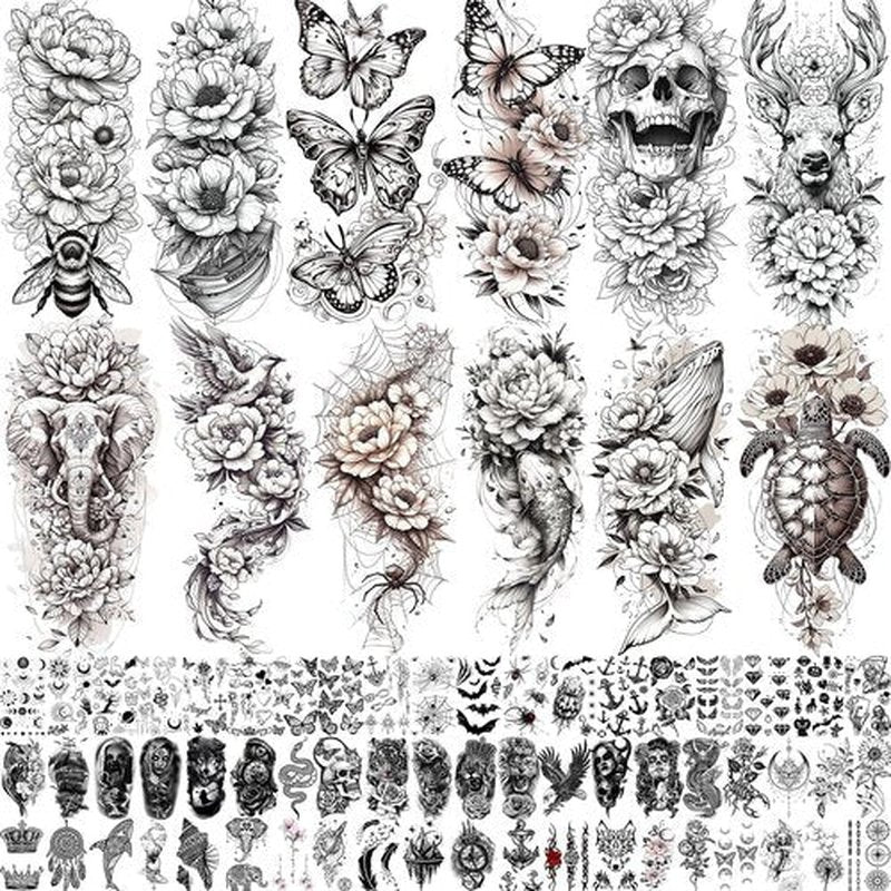 71 Sheets Rose Peony Flower Temporary Tattoos For Women Adults, Black Florals Half Arm Sleeve Realistic Temp Bulk Fake Tattoo Stickers Butterfly Ship Bee Carp Turtle Elephant Whale Spider Web Skull