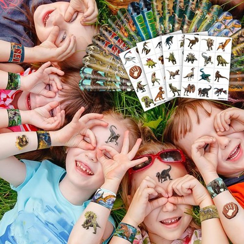Cherisnowy 72 PCS Dinosaur 3D Party Favors - 48 Temporary Pre-Cut Tattoos & 24 Slap Bracelets - Party Favors for Boys & Girls, Birthday Goodie Bag Fillers, Baby Shower Gifts, Classroom Rewards