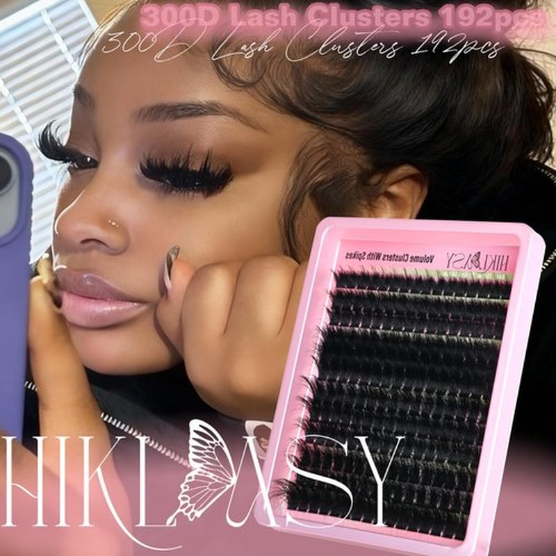 Thick Lash Clusters 300D Extra Volume With Spikes,14-22mm Dramatic Mega D Curve Glam Looking,Full & Bold Cluster Eyelash Extensions,Locked Band No Shedding,Reusable Faux Mink Cluster Lashes-Hiklasy