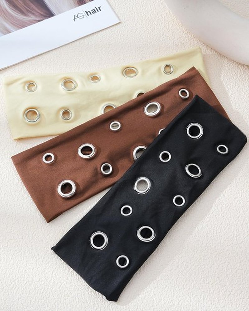 Mesovor 3 Pack Grommet Eyelet Headband for Women, Hollow Out Irregular Eyelets Elastic Wide Head Bands | Y2k Goth Punk Stretchy Hair Accessory (Irregular: Beige, Coffee, Black, 3.15" wide)