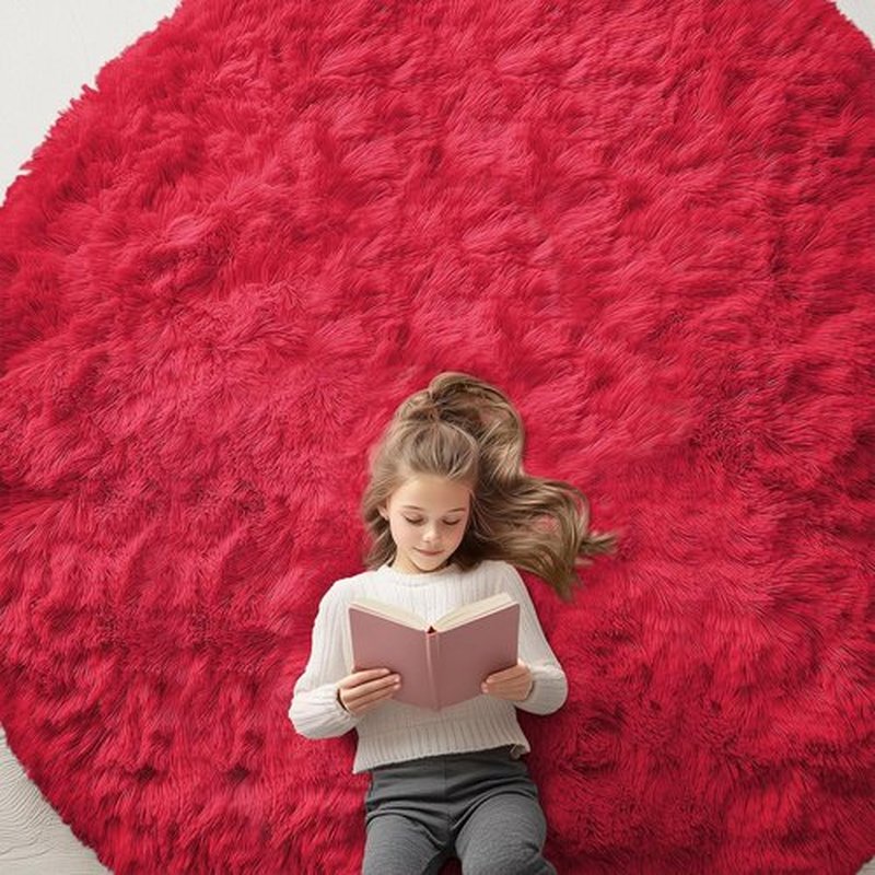 OLANLY Red Round Area Rug - Soft, Fluffy, Machine Washable 8 ft Circle Carpet for Bedroom & Living Room Decor
