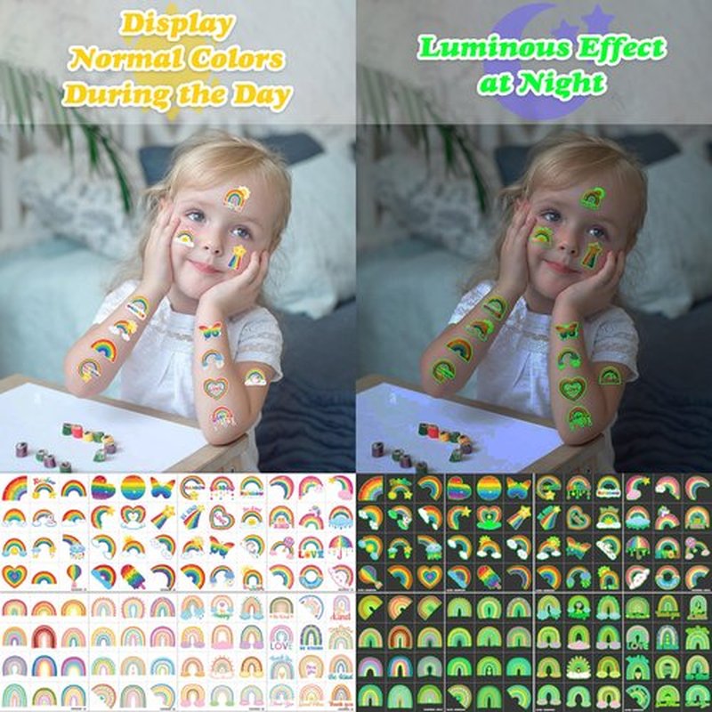 96 PCS Rainbow Pastel Rainbow Pre-Cut Luminous Glow in the dark Temporary Tattoos for Kids | Super Cute Themed Birthday Party Favors Supplies Decorations, Fake Tattoo Stickers Gifts for Boys Girls