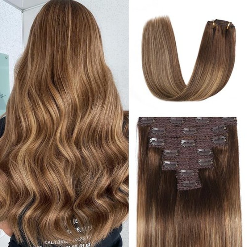 Mocona Clip in Hair Extensions Real Human Hair, 12 Inch 7pcs 70g/Pack - Ombre Chocolate Brown to Caramel Blonde, Soft Hair Extensions Real Human Hair Clip ins Straight for Women (12 Inch)
