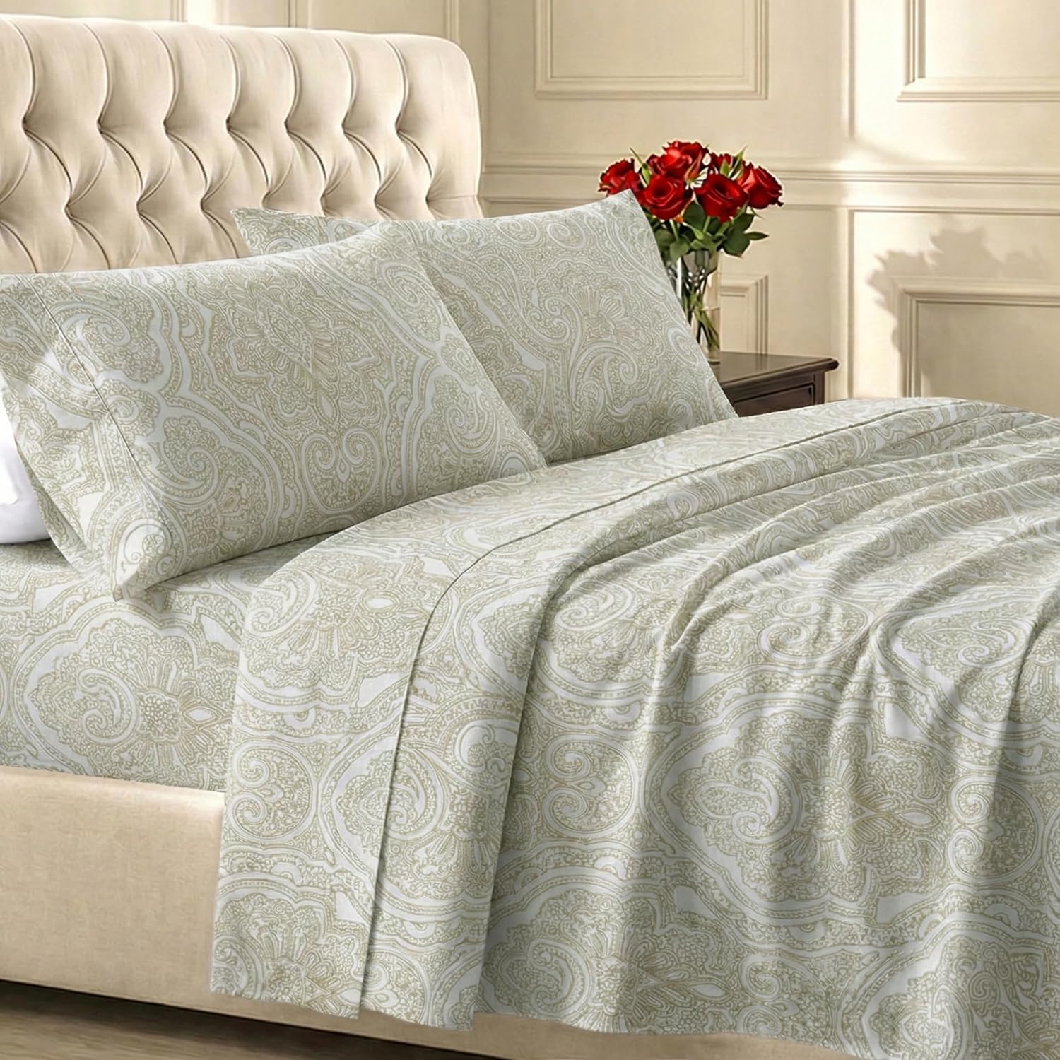California Design Den King Size Cotton Sheets Set - 100% Soft Cotton, 400 TC, Award-Winning Sateen Finish, Deep Pockets - Paisley Beige