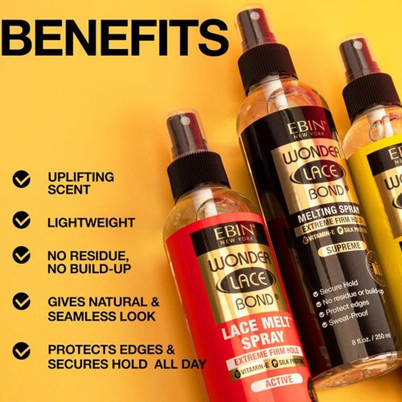 EBIN NEW YORK Wonder Lace Bond Lace Melt Spray - Extreme Firm Hold (Supreme) | Flawless,Natural, and Seamleass finish, No Reside, Long Lasting Formula with Protecting Edges, Perfect for wigs 3pack