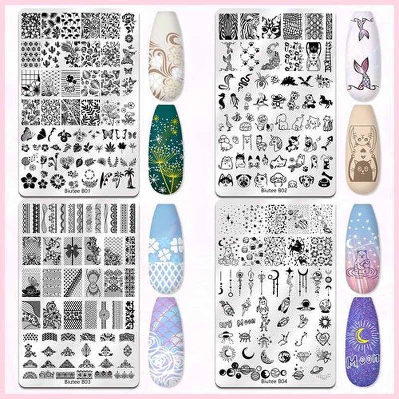 Biutee Nail Stamping Plate Nail Stamper Kit with Stamper & Scraper, Large Nail Art Stamping Plate French Line Lace Flower Leaves Animal Star Space Design DIY Nail Stamping Kit