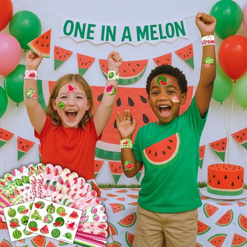 48 PCS Watermelon Party Set 24 PCS Watermelon Tattoos & 24 PCS Slap Bracelets Fun Summer Birthday, Baby Shower, Classroom Rewards, Decorations & Gifts for Kids