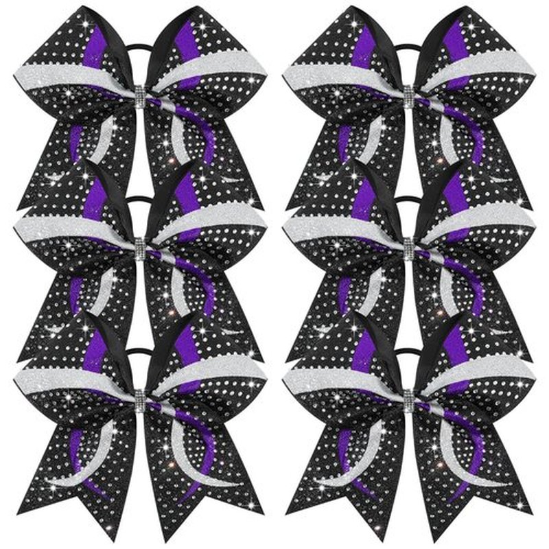 6PCS Full Glitter Rhinestone Cheer Bows Criss Cross Stiff Competition Large Cheerleading Hair Bows Elastic Band for Cheerleaders Girls -Black/Purple/Silver