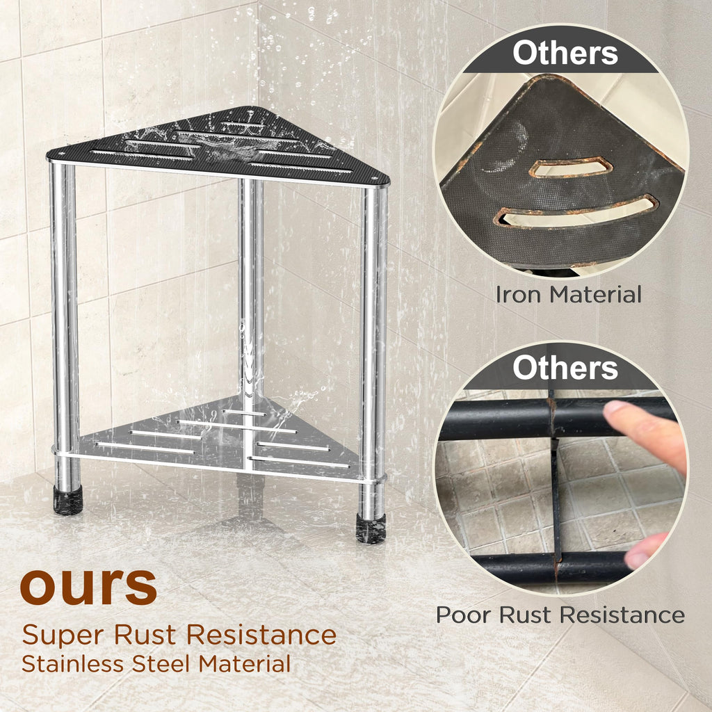 LarFaFa Upgrade Stainless Steel Shower Stool for Inside Shower, 15.4'' H Shower Foot Rest, Corner Shower Stool with Storage Shelf, Shower Step for Shaving Legs, Bathroom Corner Shower Bench, Silver