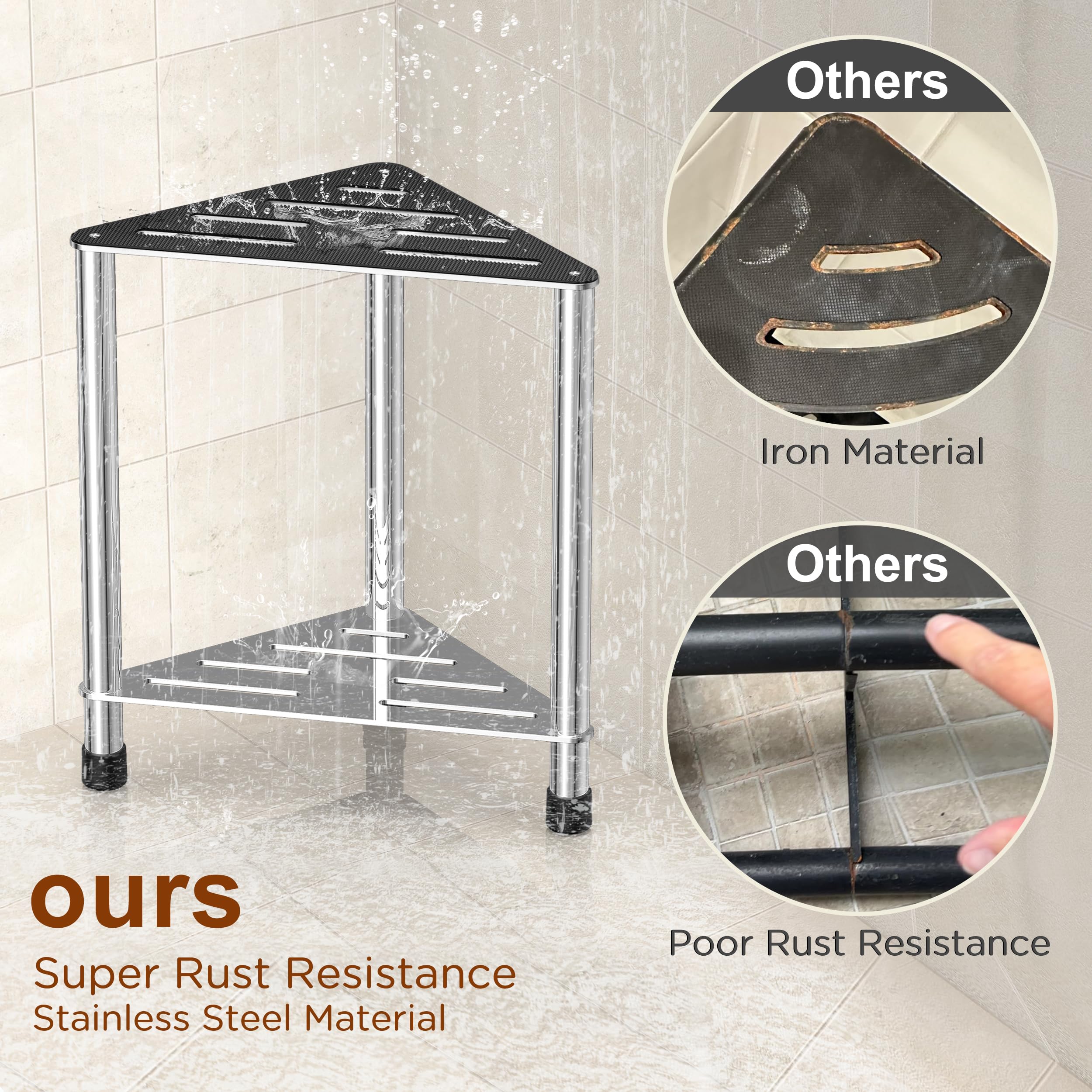 LarFaFa Upgrade Stainless Steel Shower Stool for Inside Shower, 15.4'' H Shower Foot Rest, Corner Shower Stool with Storage Shelf, Shower Step for Shaving Legs, Bathroom Corner Shower Bench, Silver