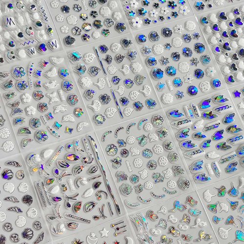 3000Pcs 60 Sheets Silver Nail Art Stickers Silver Aurora Nail Stickers Decals 3D Self-Adhesive Star Flower Nail Decals for Women Girls Salon Home DIY Manicure Nail with Tweezers Included…