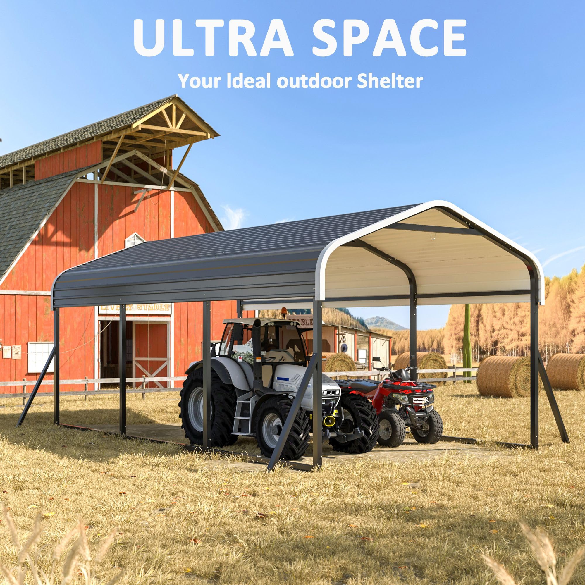 DAUSOLA 12x20 FT Metal Carport, Heavy Duty Carports Canopy with Updated Enhanced Base and Roof for All-Weather Use, Outdoor Galvanized Car Shelter, Car Port Garage for Car, Boats and Tractors, Grey