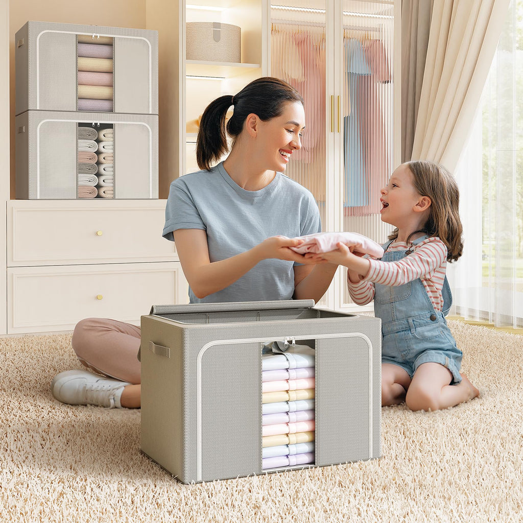 LeArex Clothes Storage Bins with Metal Frame Foldable Storage Box Clothes Organizers Storage Containers for Clothes Sheets Blankets Books Toys Gifts and Holiday Decorations (66Lx3 Pack)